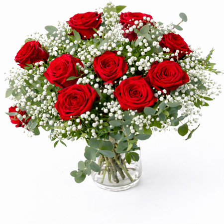 10 roses rouges dans un vase avec gypsophile