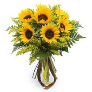 Bouquet Soleil composé de 7 tournesols et 6 solidasters réalisé par Botanica Brussels.