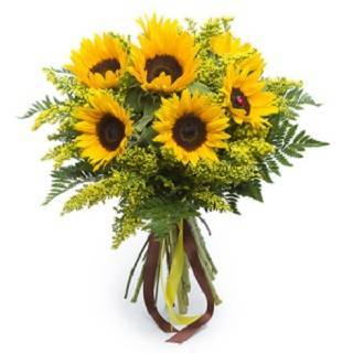 Bouquet Soleil composé de 7 tournesols et 6 solidasters réalisé par Botanica Brussels.