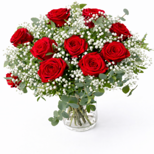 10 roses rouges et gypsophile Saint Valentin