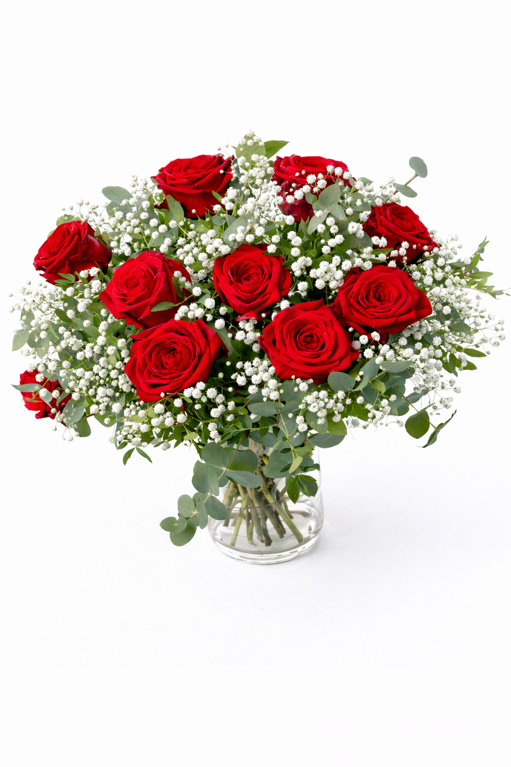 10 roses rouges et gypsophile Saint Valentin